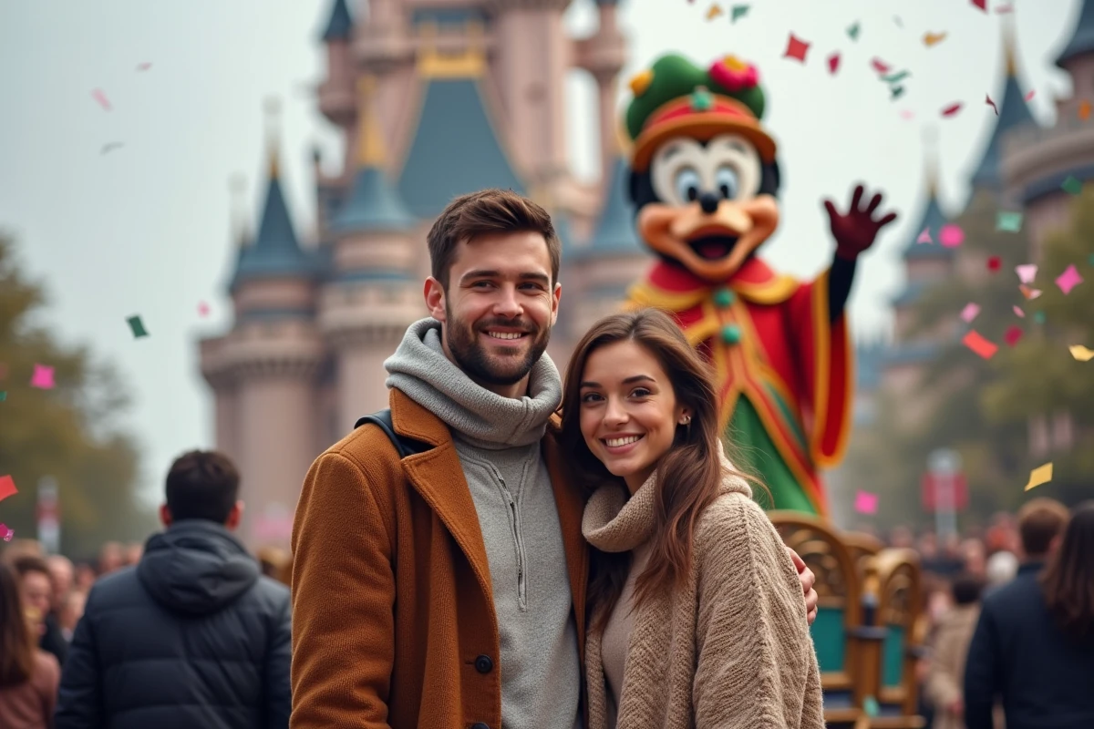 Couple de jeunes adultes souriant devant un char de parade coloré à Disneyland Paris lors d'un défilé festif