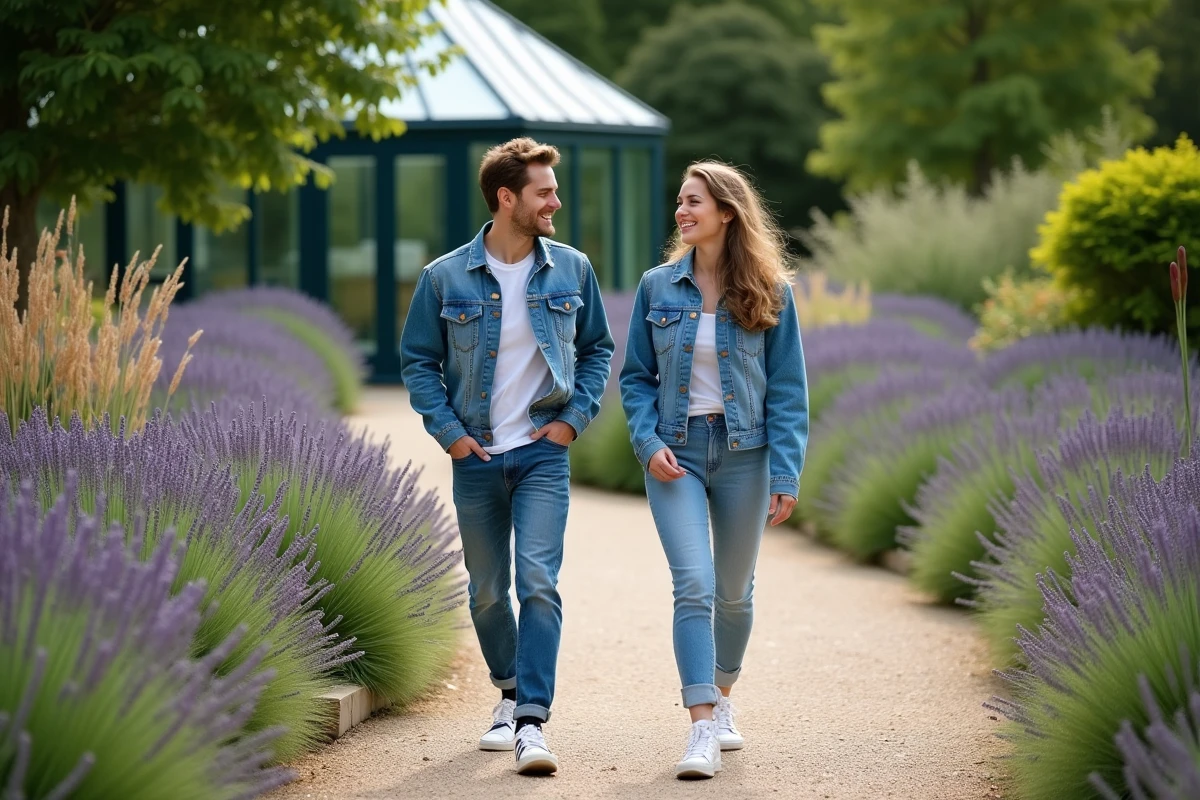 Couple de jeunes adultes se promenant en riant sur un chemin de gravier à travers un jardin de vivaces luxuriant