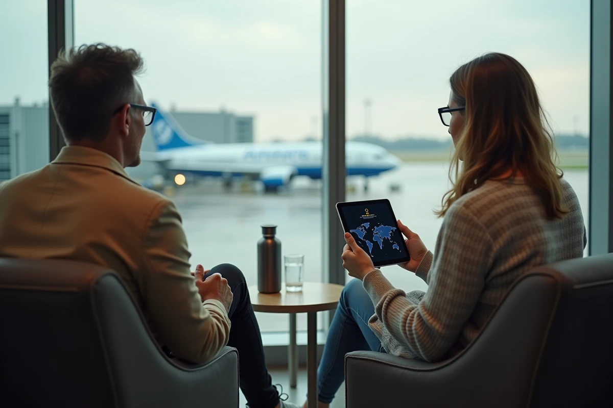 Couple vérifiant le suivi de vol en direct sur une tablette dans un salon d'aéroport