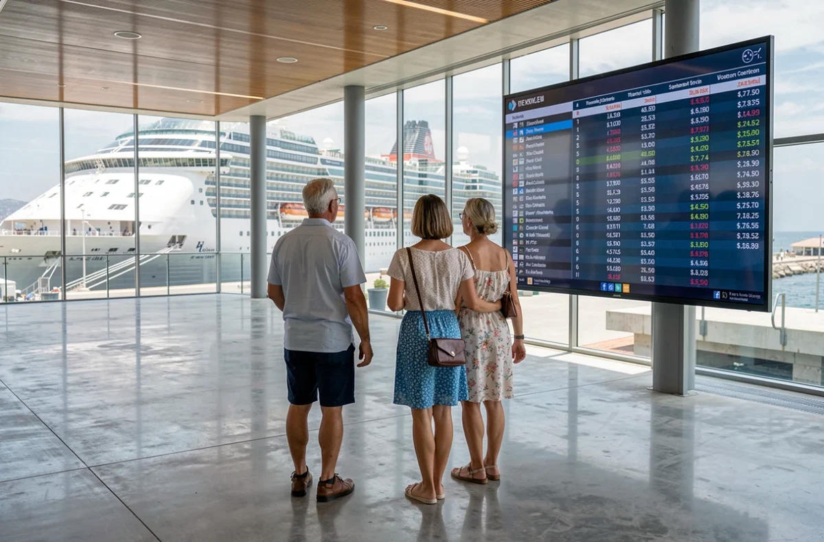 Couple consultant les itinéraires et prix de croisières dans un terminal portuaire moderne