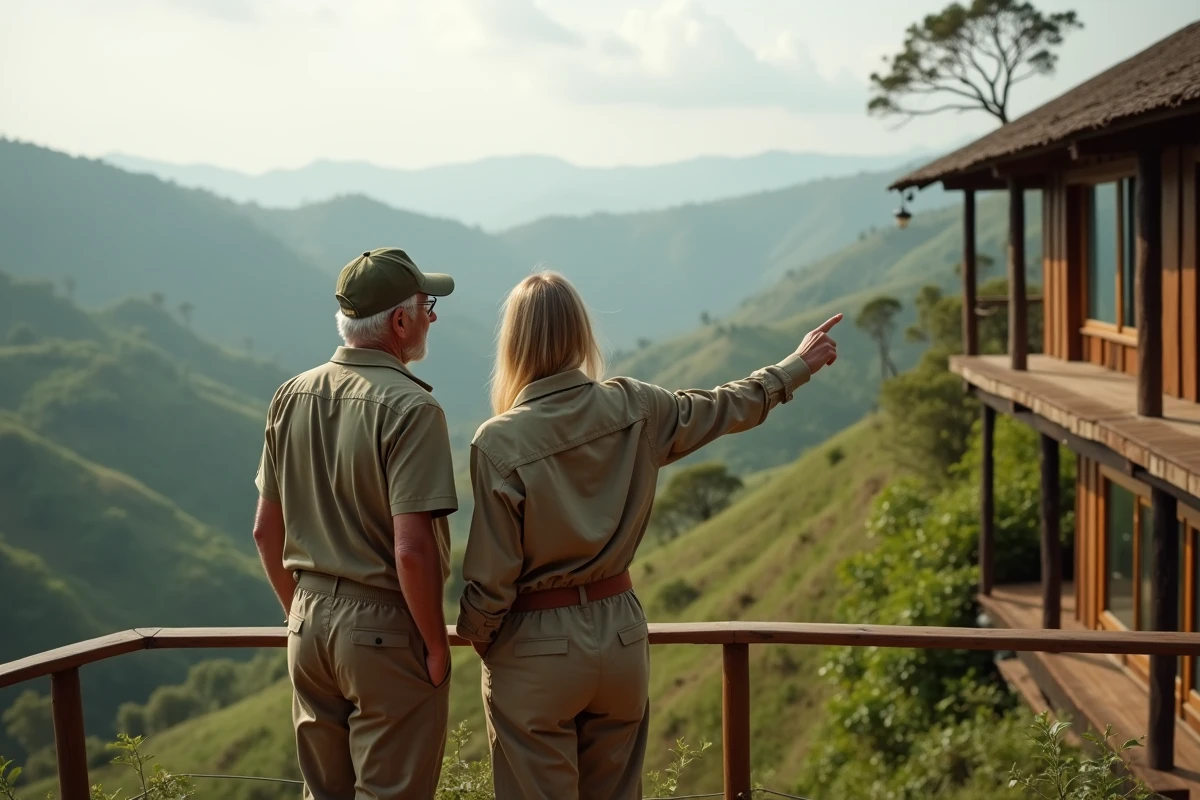 Couple de touristes devant le paysage verdoyant des collines du Rwanda depuis un éco-lodge, voyage sécurisé en Afrique
