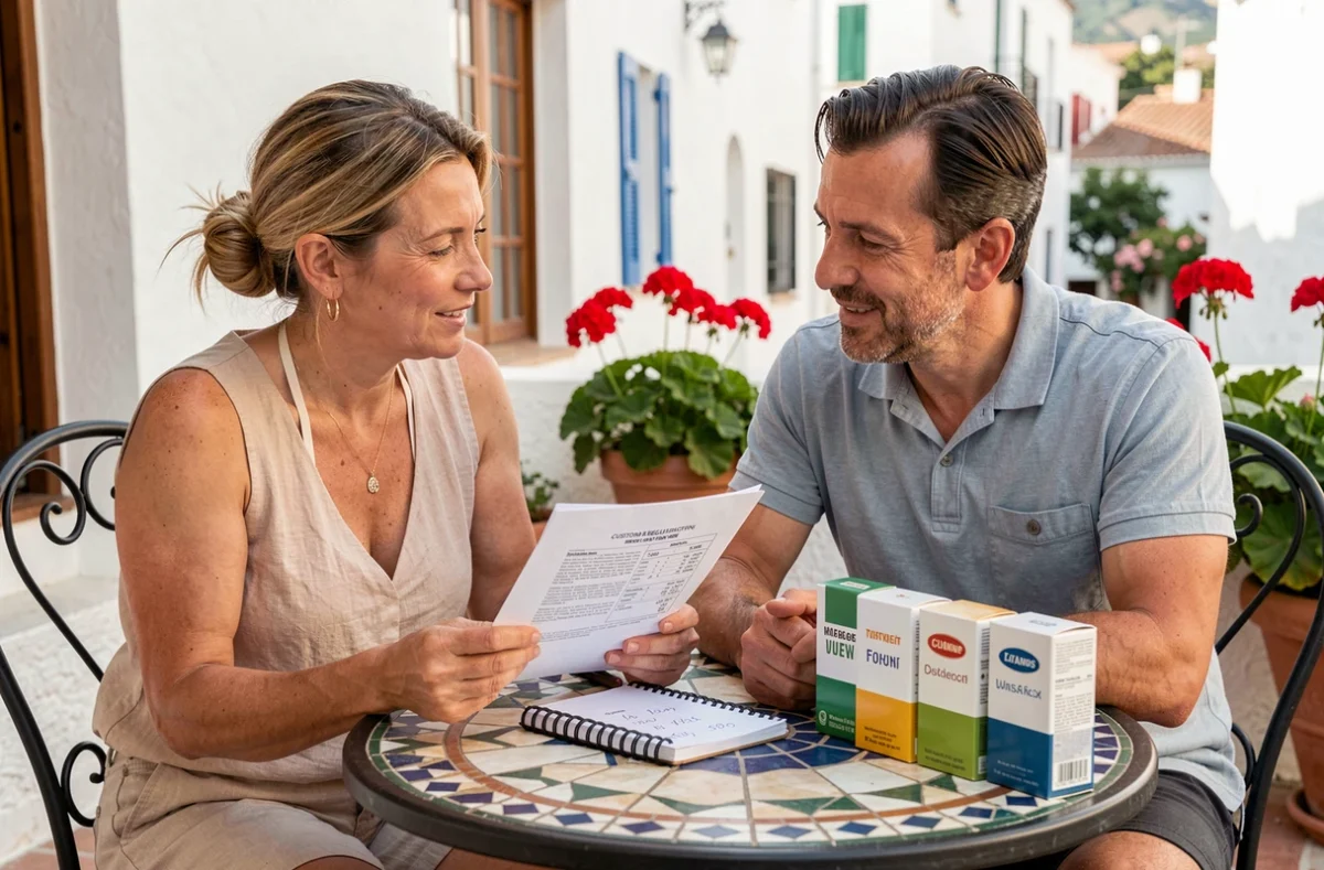 Couple vérifiant les règles douanières pour le transport de cartouches de cigarettes achetées en Espagne en terrasse de café