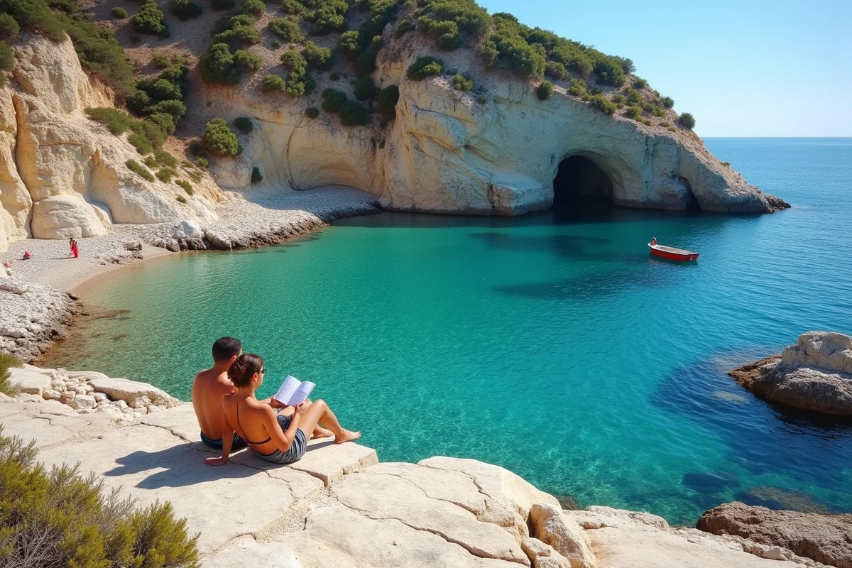 Crique rocheuse déserte de Sicile en octobre avec un couple se reposant au bord de l'eau turquoise