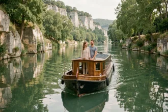 Couple sur un bateau de croisière naviguant sur la rivière Lot entouré de falaises calcaires et de forêts verdoyantes