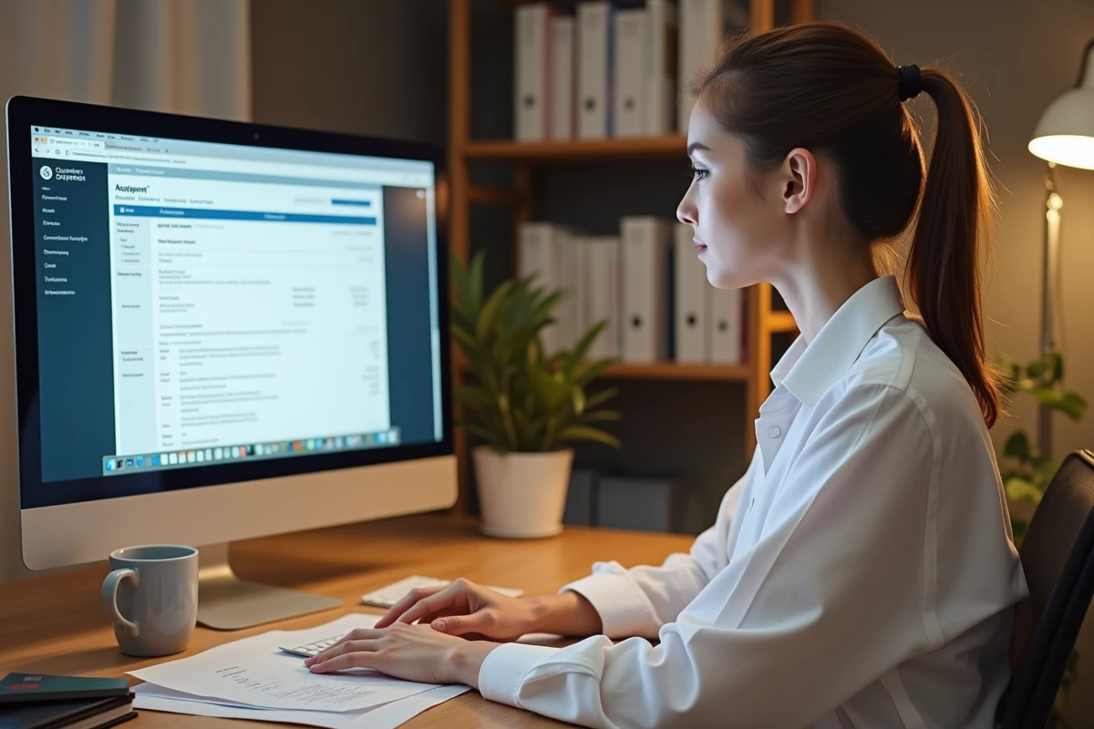 Jeune femme remplissant une déclaration douanière en ligne sur ordinateur depuis son bureau à domicile