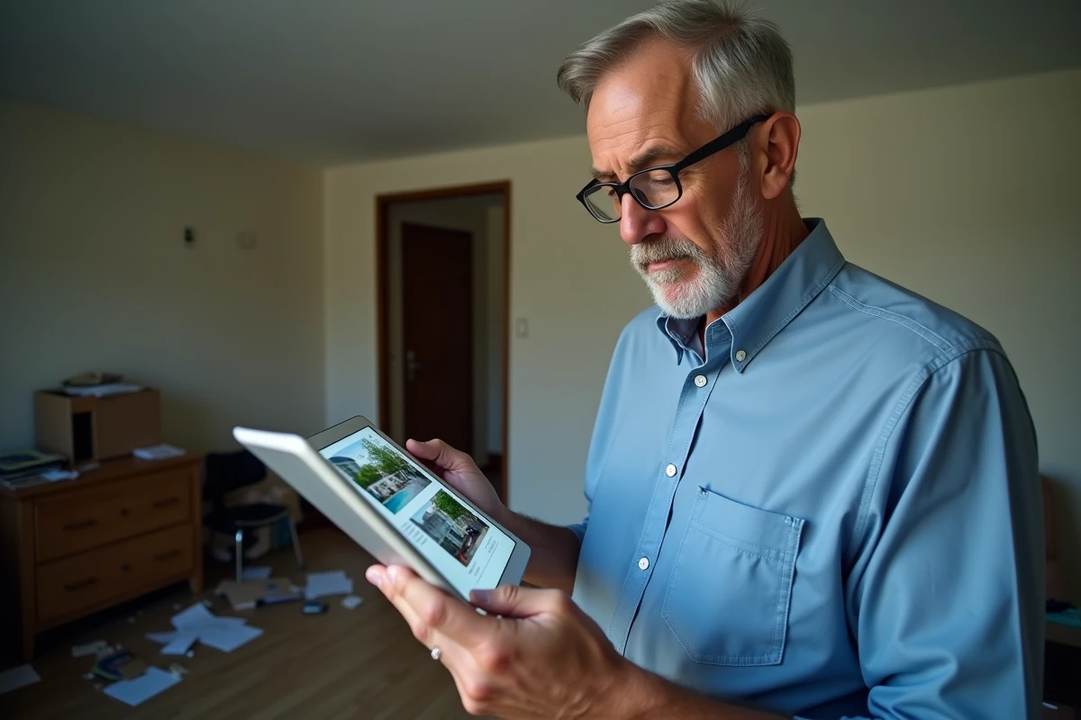 Propriétaire consterné inspectant les dégâts laissés par des locataires Airbnb dans son appartement, illustrant les risques pour les hôtes