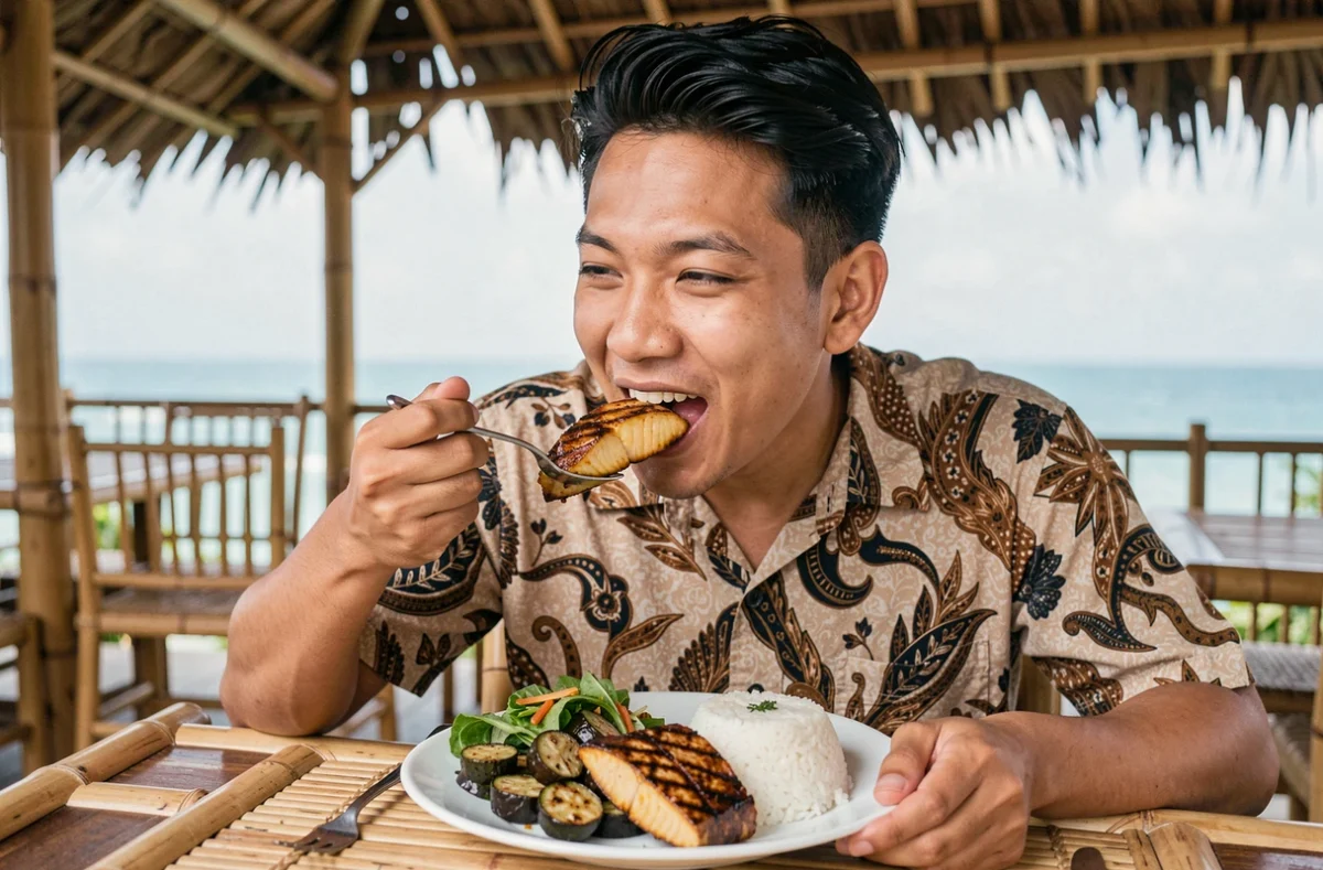 Jeune homme dégustant un thon jaune grillé dans un restaurant en bord de mer à General Santos City à Mindanao