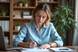 Femme remplissant un formulaire de demande de permis de conduire international à son bureau à domicile