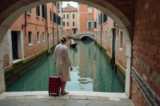 Femme avec une valise à roulettes au sommet d'un pont en arc à Venise, illustrant la difficulté de se déplacer dans la ville