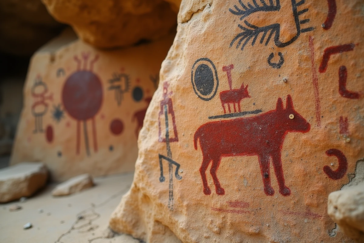 Détail rapproché de peintures préhistoriques avec symboles géométriques et silhouettes animales sur paroi calcaire
