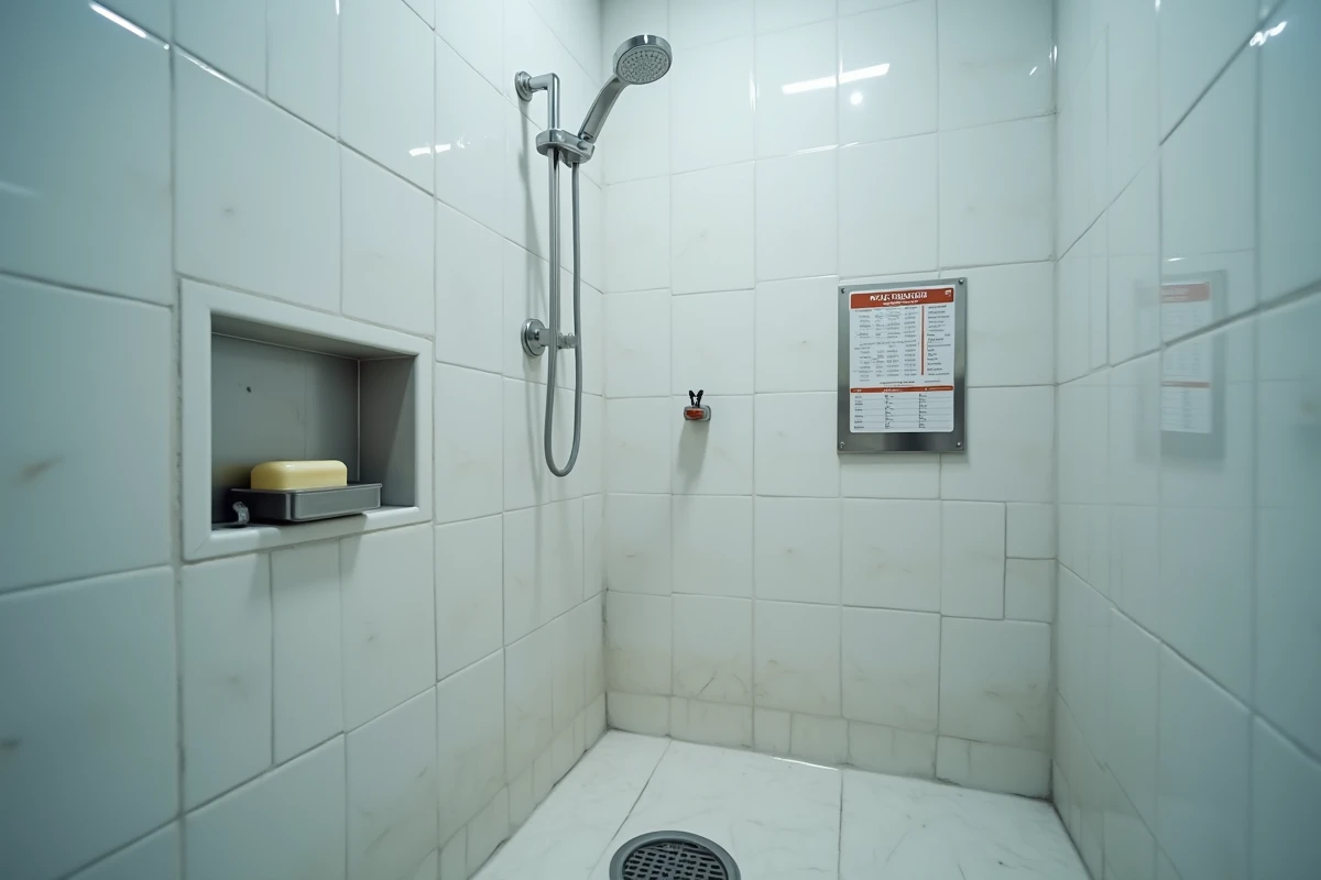Gros plan sur une pomme de douche en inox et un planning d'utilisation dans une cabine de douche partagée d'une auberge de jeunesse