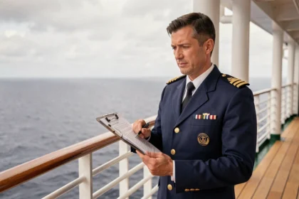 Directeur de croisière en uniforme sur le pont d'un navire moderne consultant des documents, symbolisant la confiance envers une SARL de croisière professionnelle