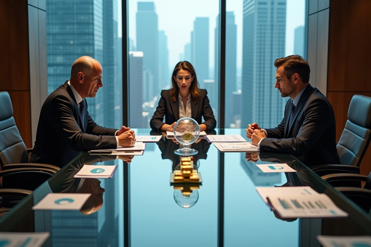 Trois dirigeants d'entreprise autour d'une table de réunion avec rapports financiers illustrant les plus grandes fortunes mondiales