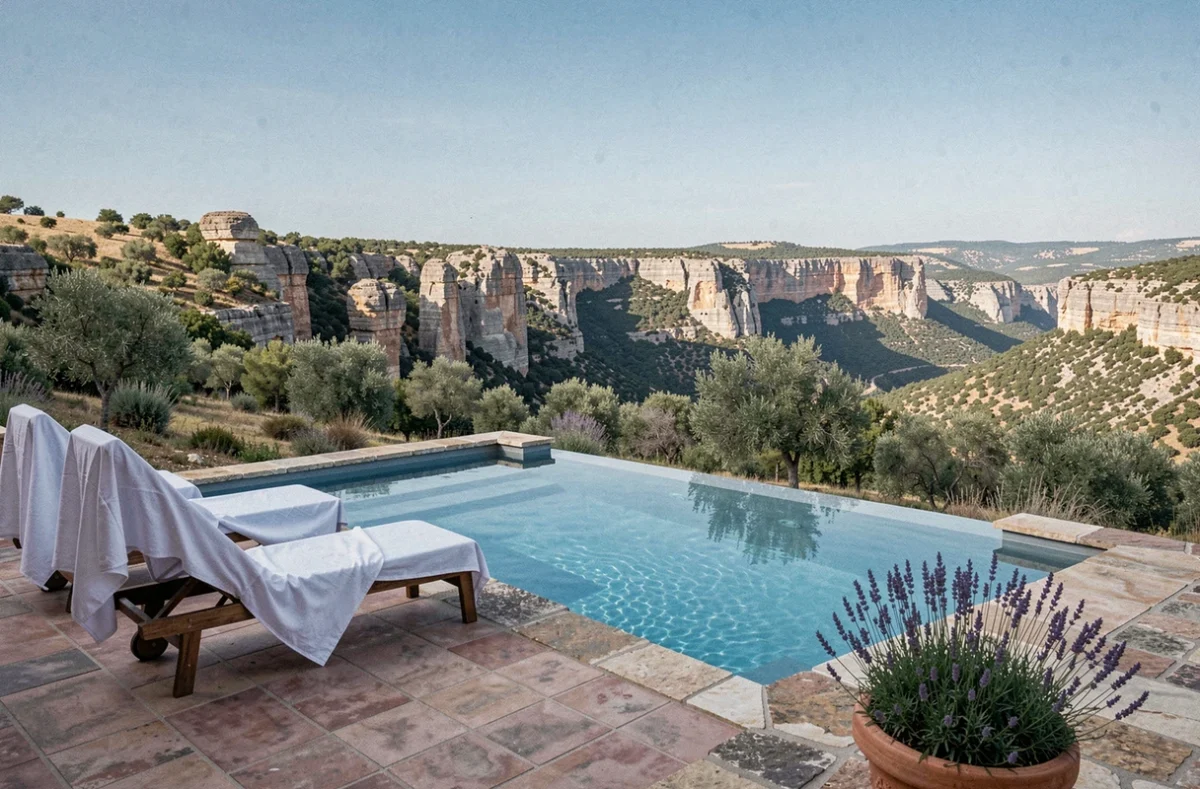 Piscine romantique en terrasse du Domaine de Biar avec vue panoramique sur les gorges de l'Hérault et les causses près de Saint-Jean-de-Fos