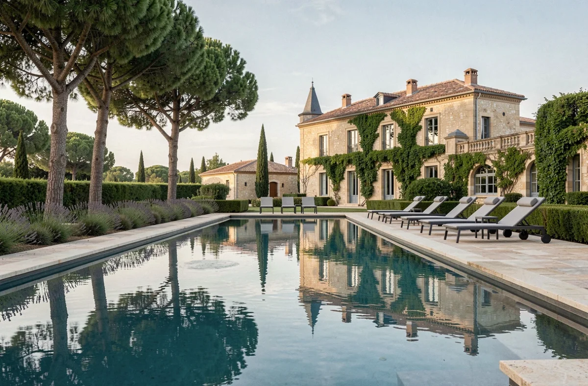 Piscine à débordement élégante avec vue sur le château historique du Domaine de Verchant près de Montpellier