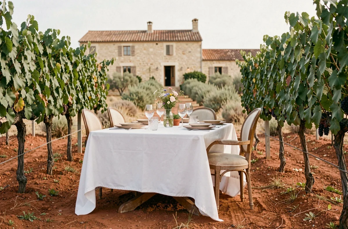 Table romantique dressée pour deux entre les vignes du Domaine des Clos avec vue sur la bastide en pierre, près de Nîmes