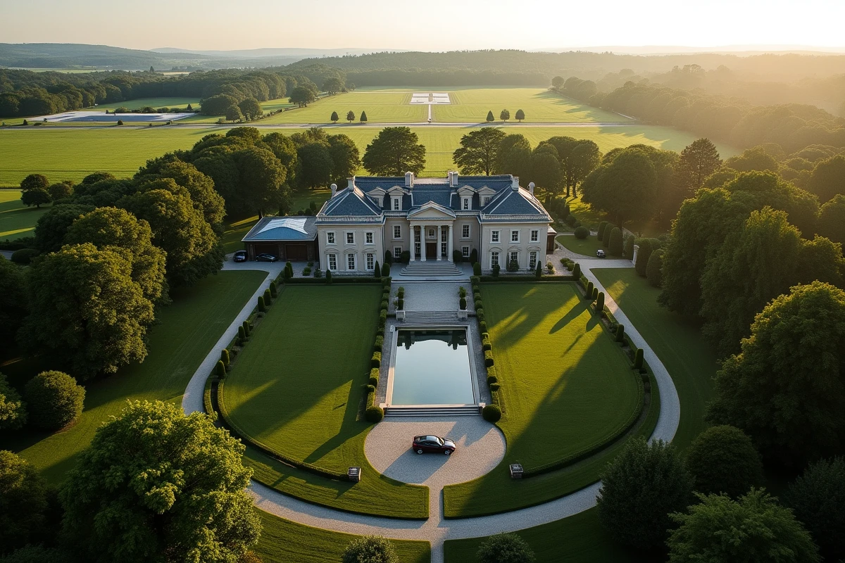 Vue aérienne d'un domaine privé luxueux avec manoir, piscine et parc illustrant une fortune colossale