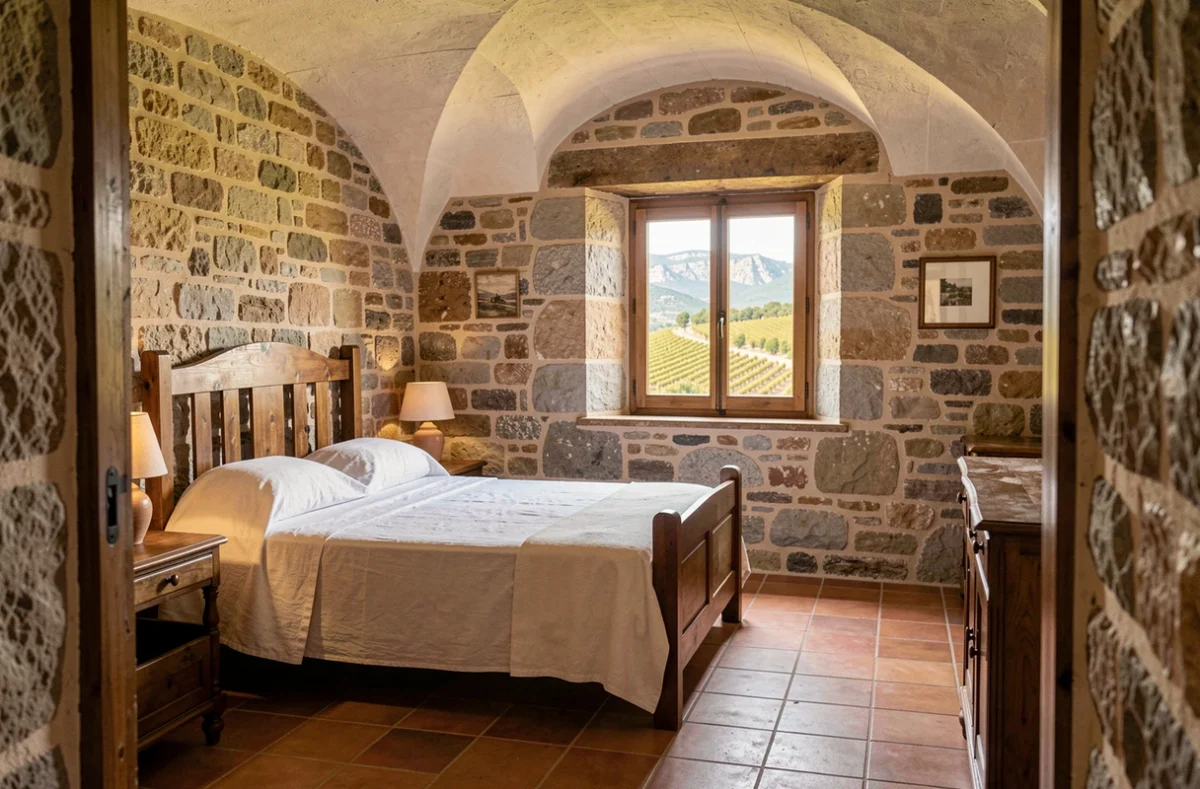 Chambre voûtée en pierre aux draps blancs avec vue sur les vignes du Domaine Riberach à Bélesta