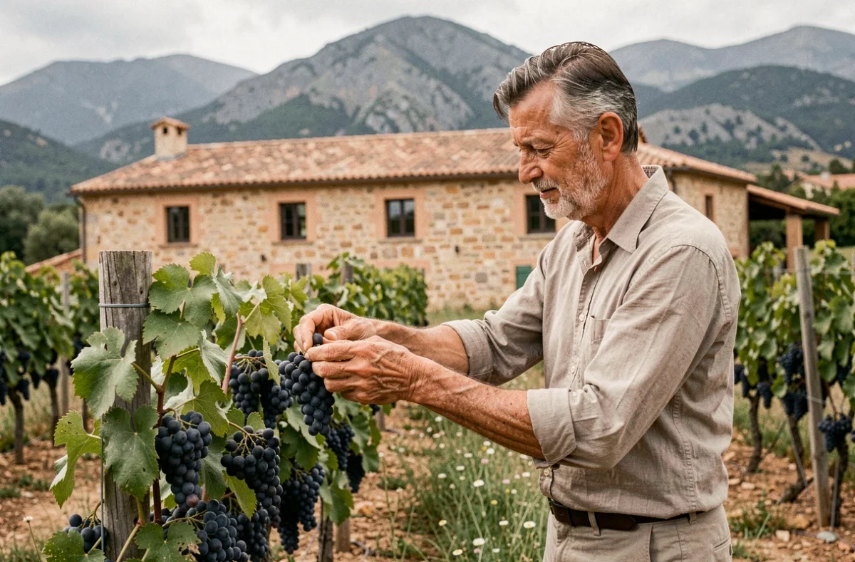 Domaine Riberach en Roussillon avec un vigneron inspectant les grappes devant le mas en pierre et les vignes