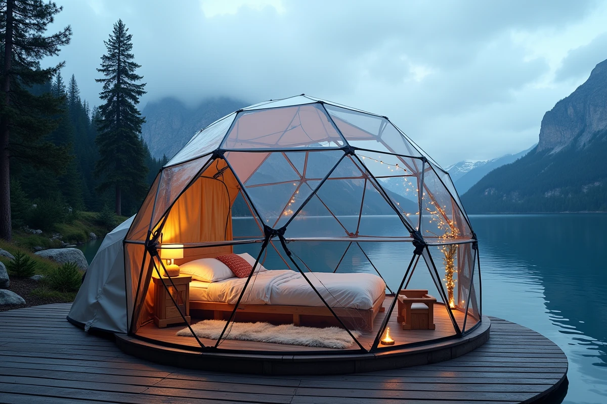 Dôme géodésique transparent en glamping au bord d'un lac de montagne, hébergement insolite rentable avec vue panoramique sur les Alpes