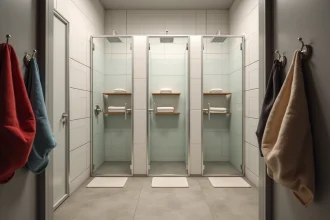 Rangée de cabines de douches communes dans une auberge de jeunesse moderne avec cloisons en verre dépoli et carrelage blanc