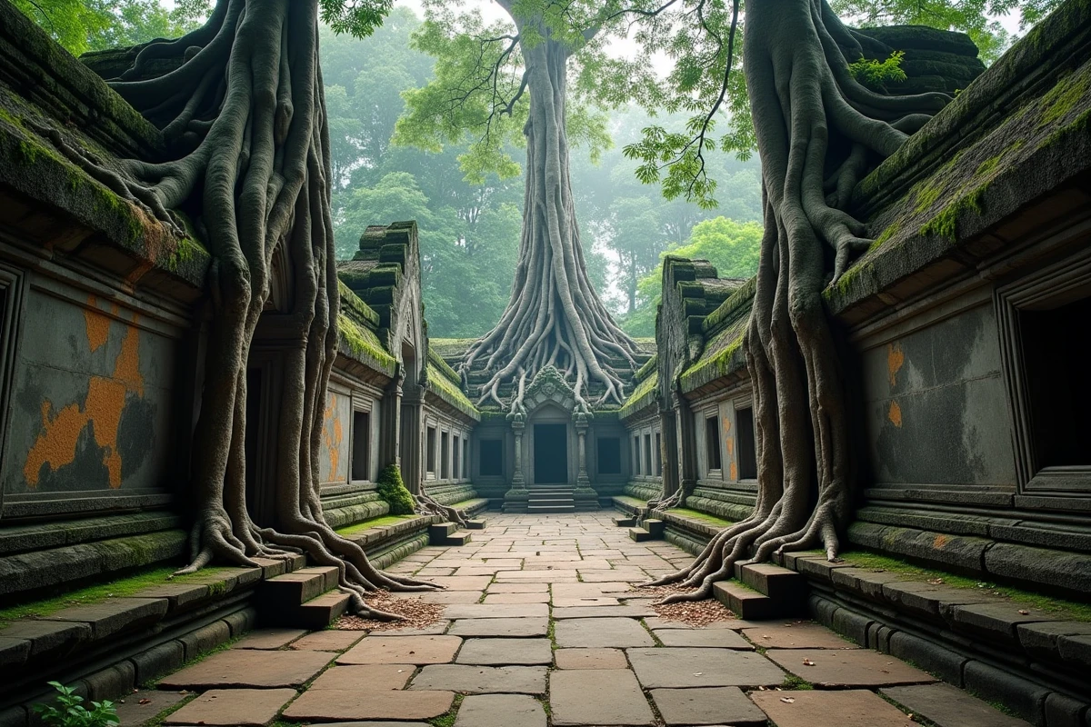 Couloir de temple Angkor Wat envahi par des racines d'arbres géants, avec bas-reliefs en grès et atmosphère de jungle matinale brumeuse