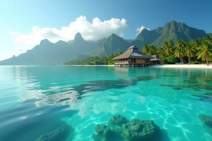 Lagon turquoise de Polynésie française avec bungalow sur pilotis, plage de sable blanc et végétation tropicale luxuriante