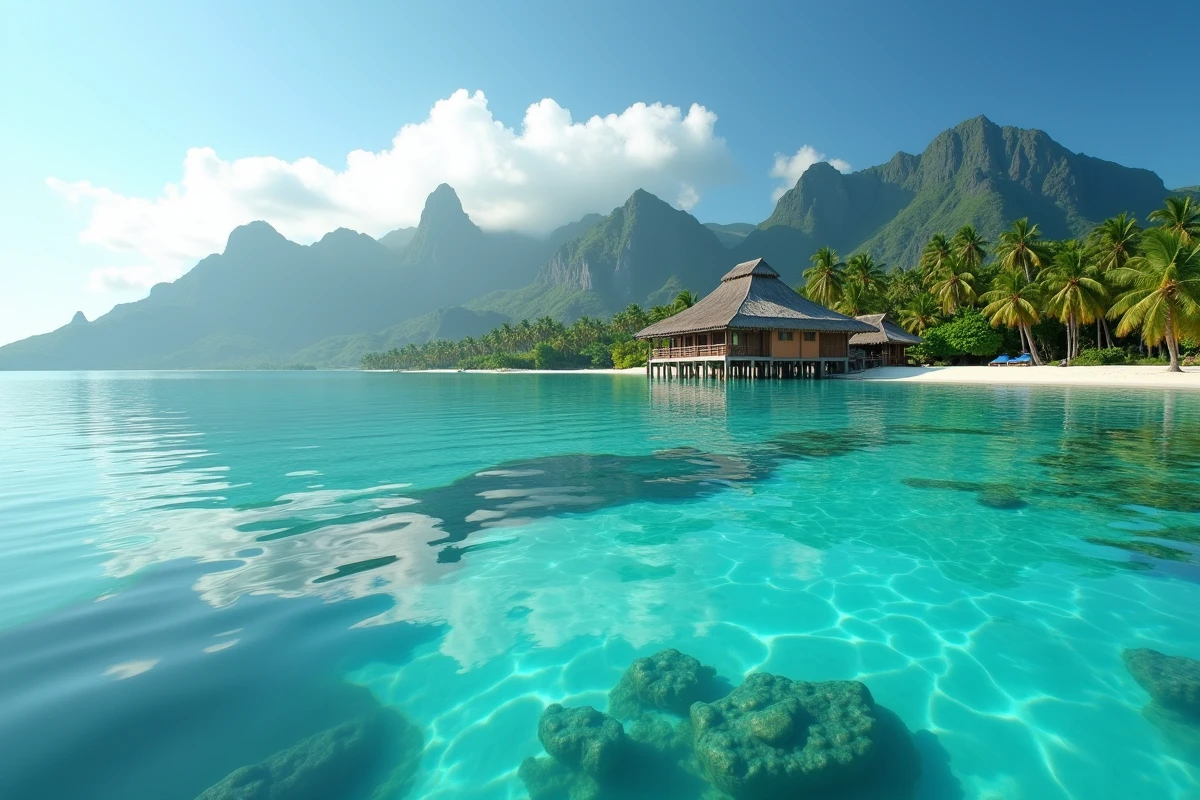 Lagon turquoise de Polynésie française avec bungalow sur pilotis, plage de sable blanc et végétation tropicale luxuriante