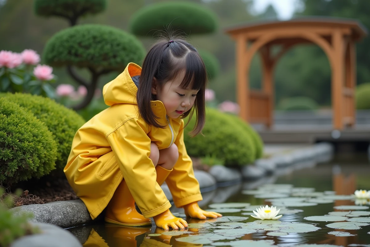 Jeune fille en ciré jaune observant des nénuphars dans un bassin ornemental d'un jardin japonais
