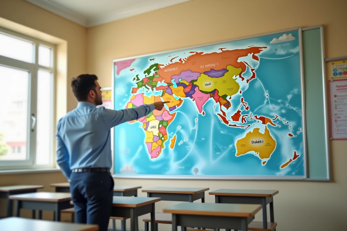 Enseignant désignant une grande carte murale de l'Asie avec Dubai et la péninsule arabique clairement indiqués dans une salle de classe