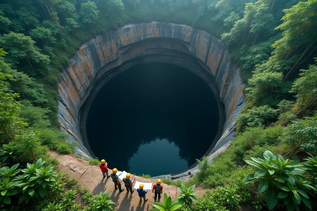 Vue aérienne de l'entrée d'une gigantesque grotte en forme de gouffre entourée par la jungle tropicale avec une équipe de géologues