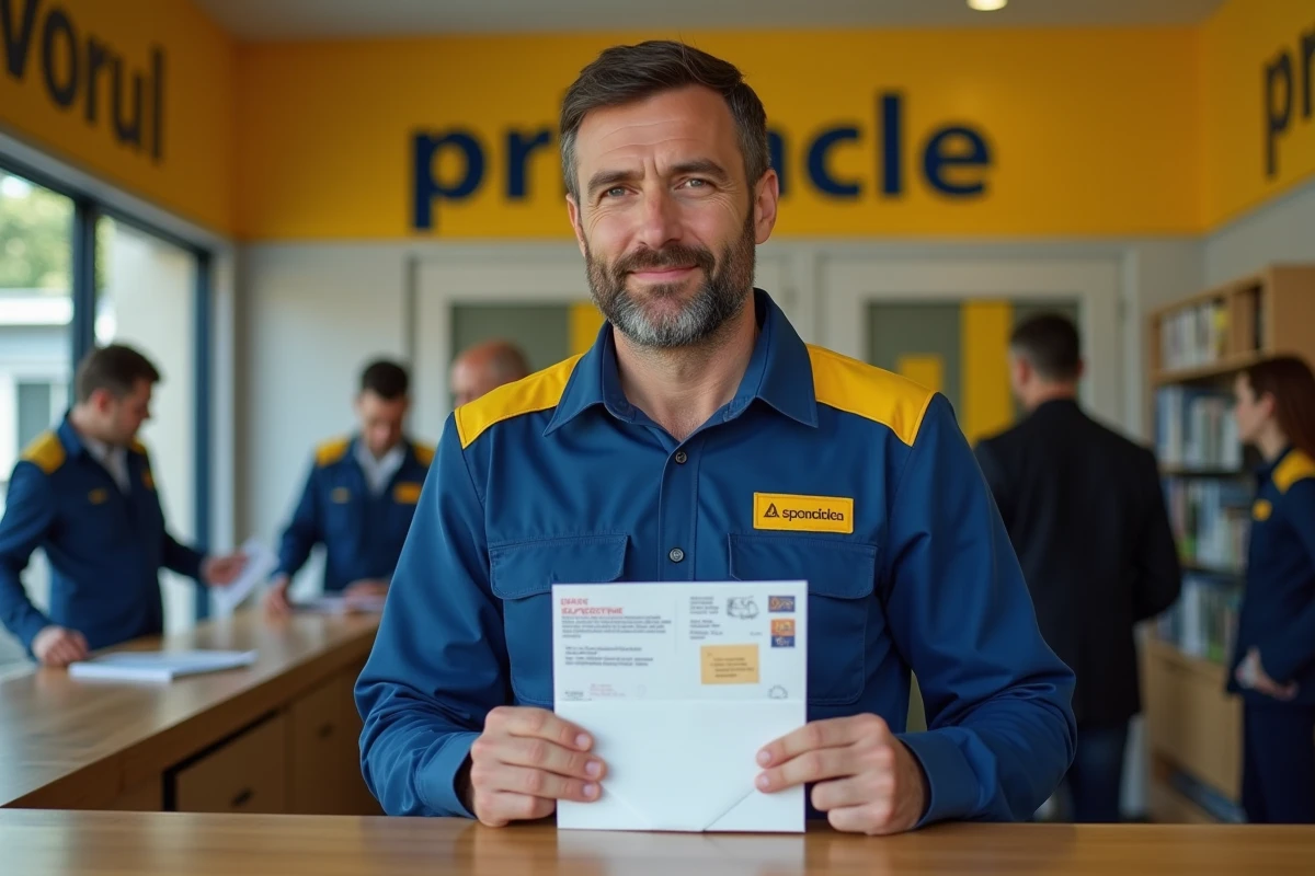Agent postal tenant une enveloppe officielle contenant un permis de conduire international dans un bureau de poste