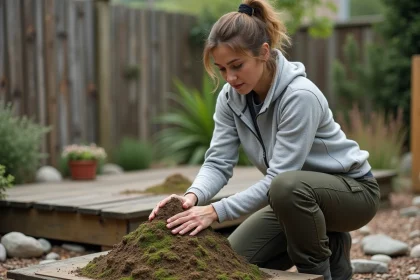 Femme qui fabrique une montagne miniature en terre et mousse dans un jardin rustique