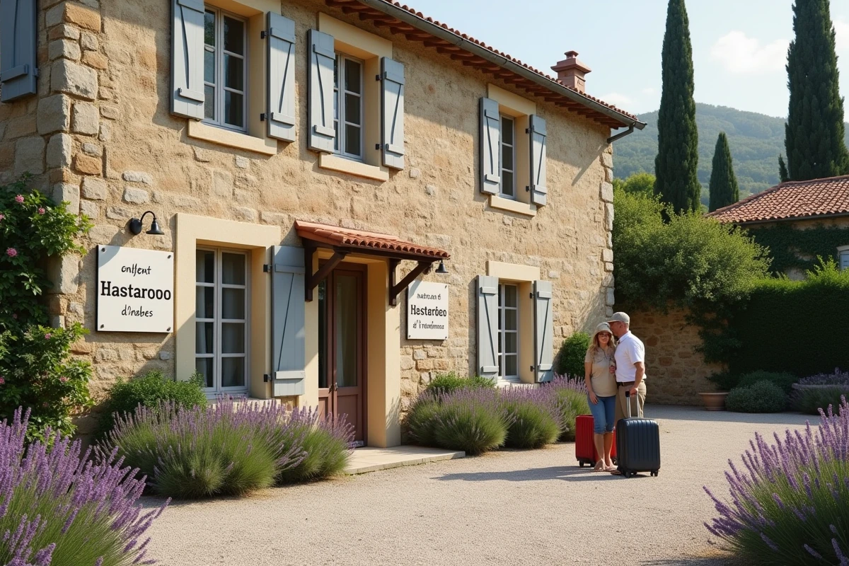 Façade d'une ferme provençale convertie en gîte et chambres d'hôtes avec couple de voyageurs à l'entrée