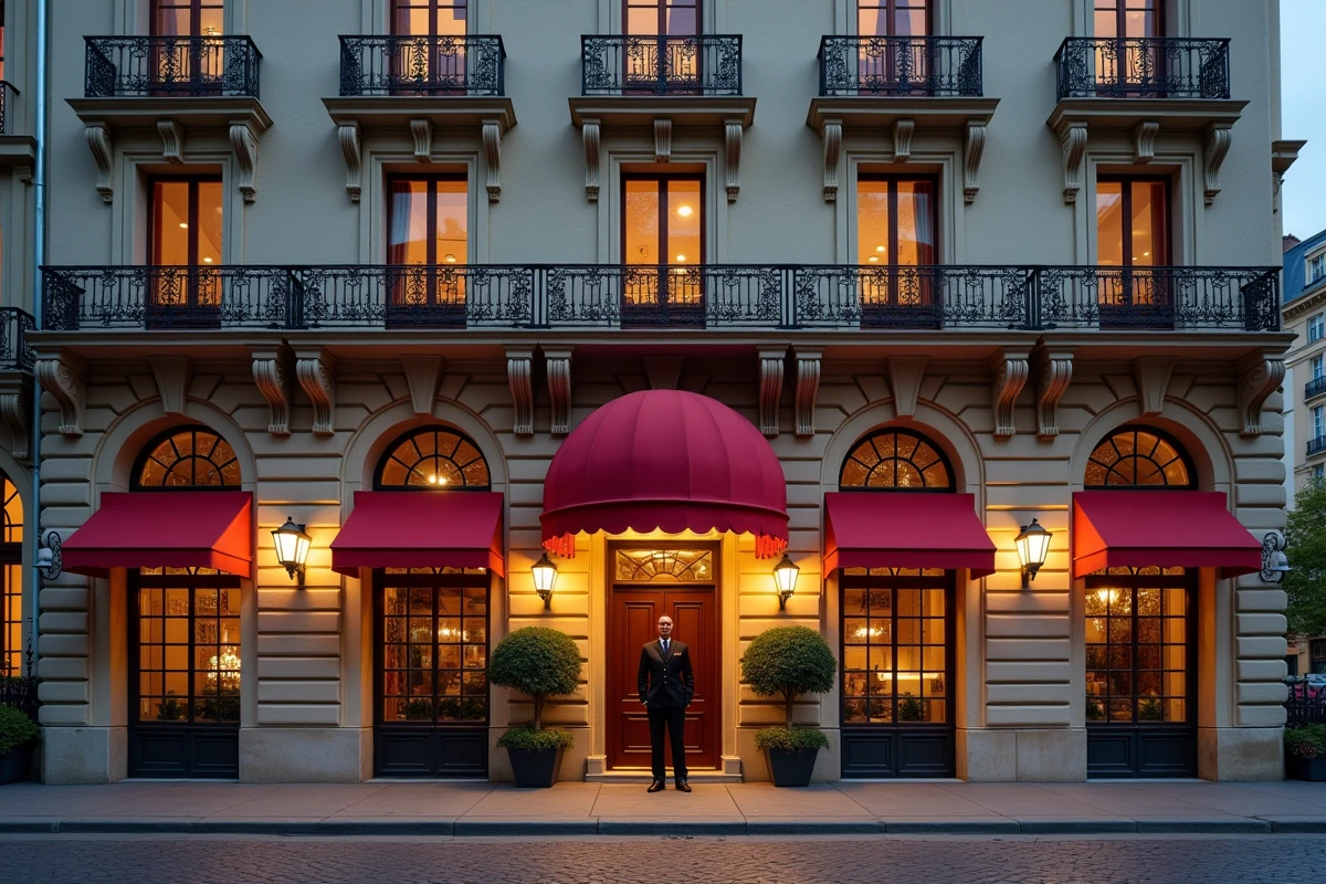 Façade classique d'un grand hôtel de luxe parisien avec portier en uniforme sous un auvent rouge