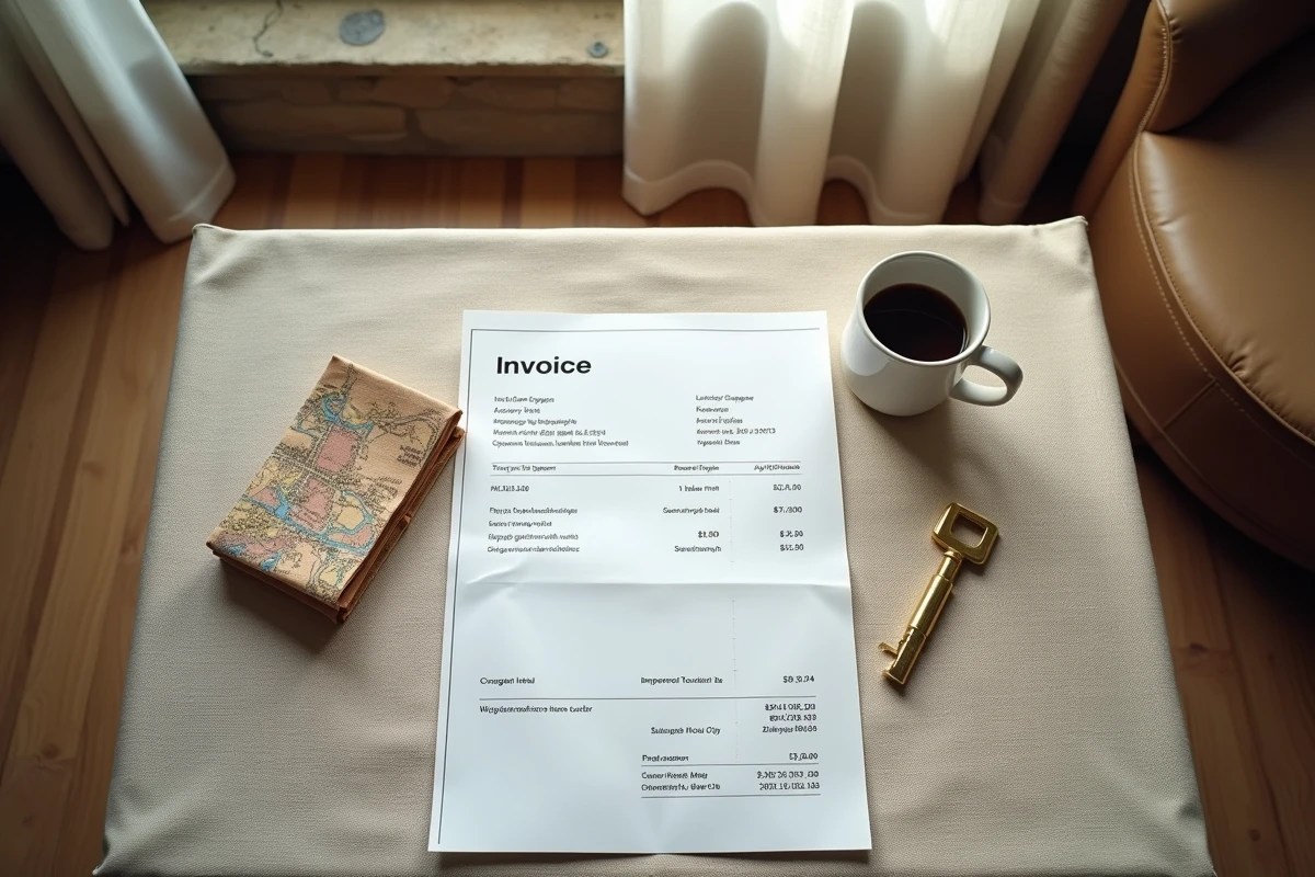 Facture d'hôtel avec ligne de taxe de séjour posée sur une table en bois avec une clé de chambre et une carte de ville