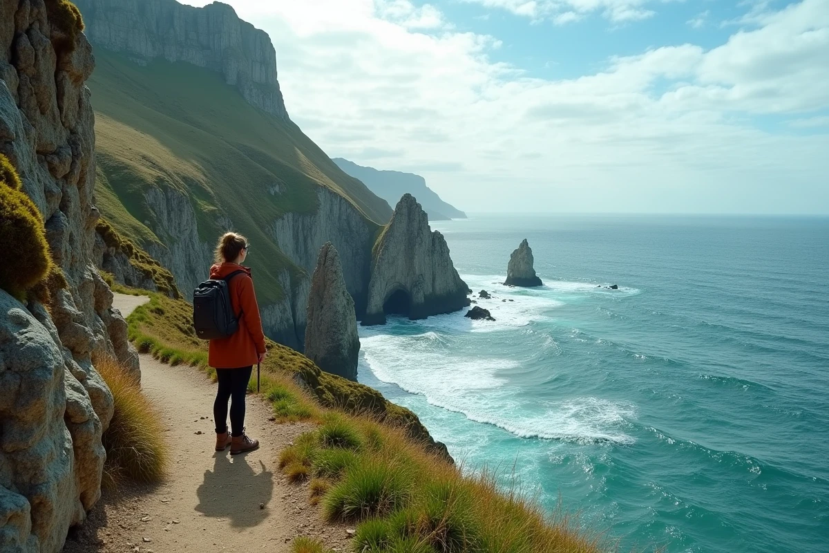 Randonneuse observant des falaises côtières rocheuses et l'océan turquoise, ressource touristique naturelle spectaculaire