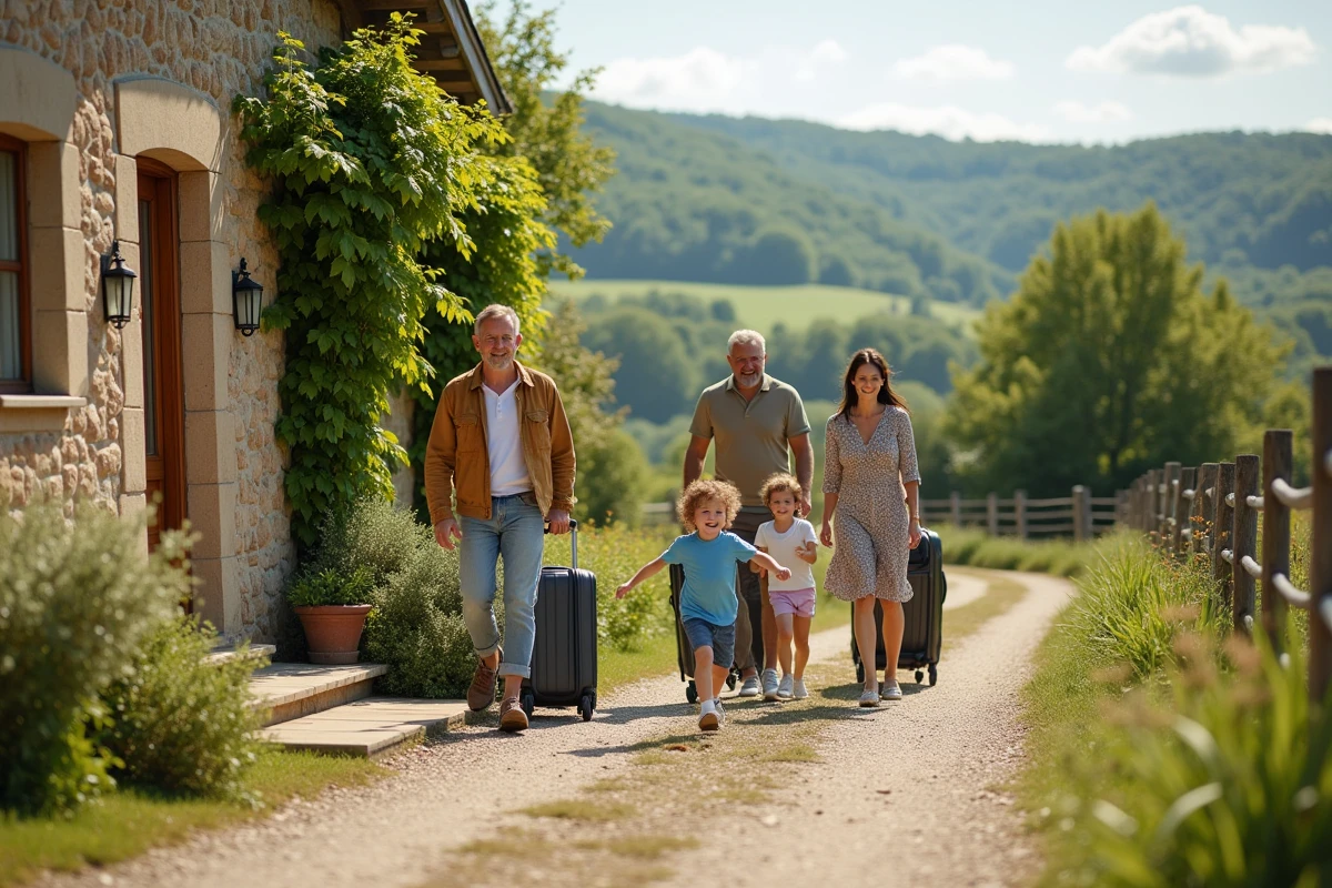 Famille arrivant à un gîte de vacances en pierre dans la campagne française