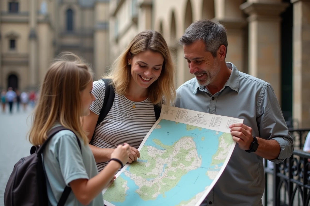 Famille consultant un plan de circuit touristique dans une ville européenne lors d'un séjour offert par carte cadeau Selectour