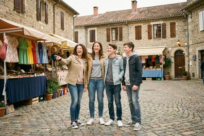 Famille avec deux adolescents explorant un marché de village français lors d'un week-end prolongé en vacances