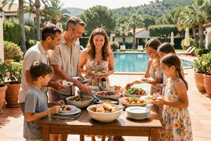Famille nombreuse au buffet d'un club tout compris en bord de piscine lors d'un séjour Selectour