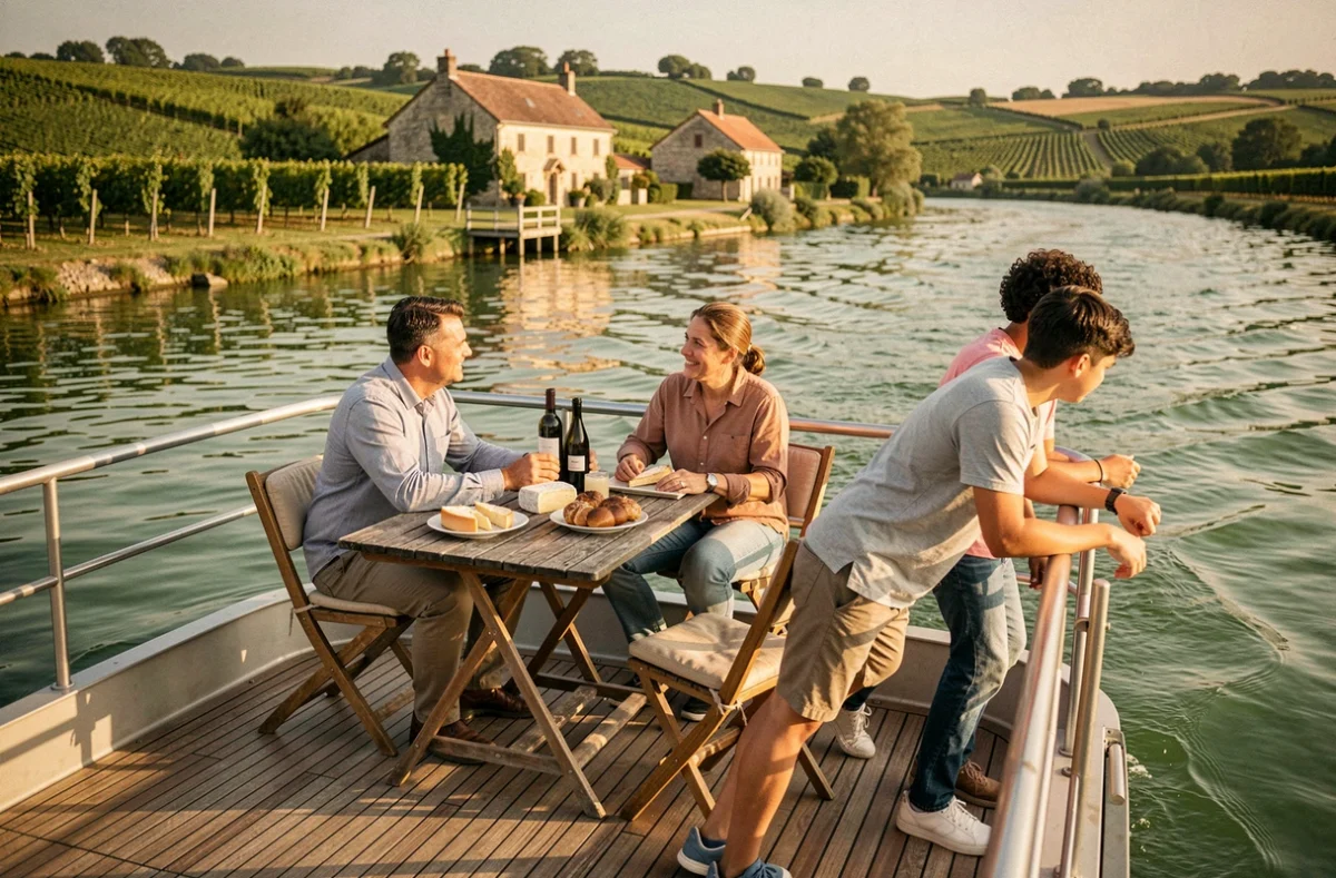 Famille profitant d'un repas sur le pont arrière d'une péniche de croisière sur le Lot avec vignobles en arrière-plan