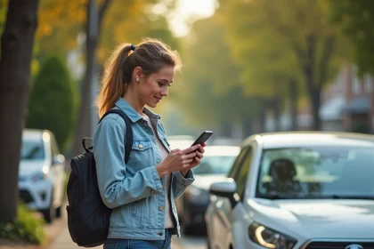 Femme consultant une application de covoiturage sur son smartphone à côté d'une voiture garée en ville