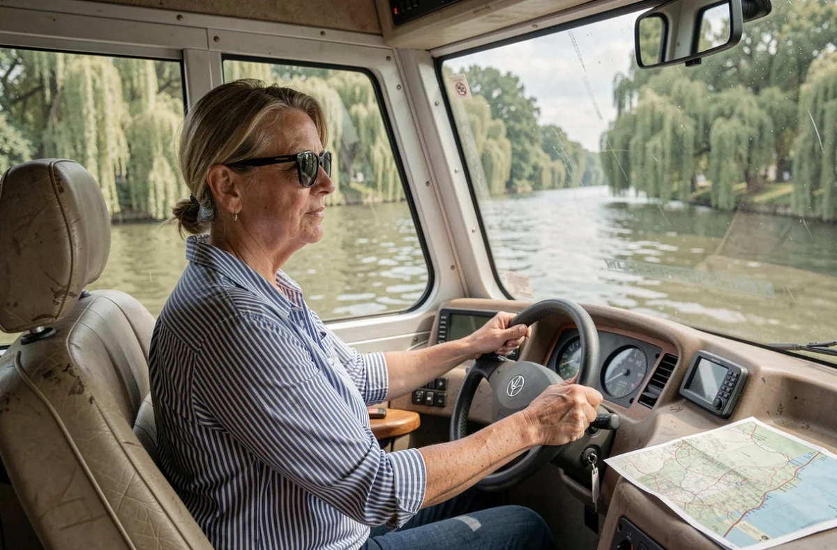 Femme tenant la barre d'un bateau de location sur le Lot avec carte de navigation et vue sur la rivière