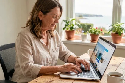 Femme comparant des offres de croisières sur un site internet depuis son bureau à domicile