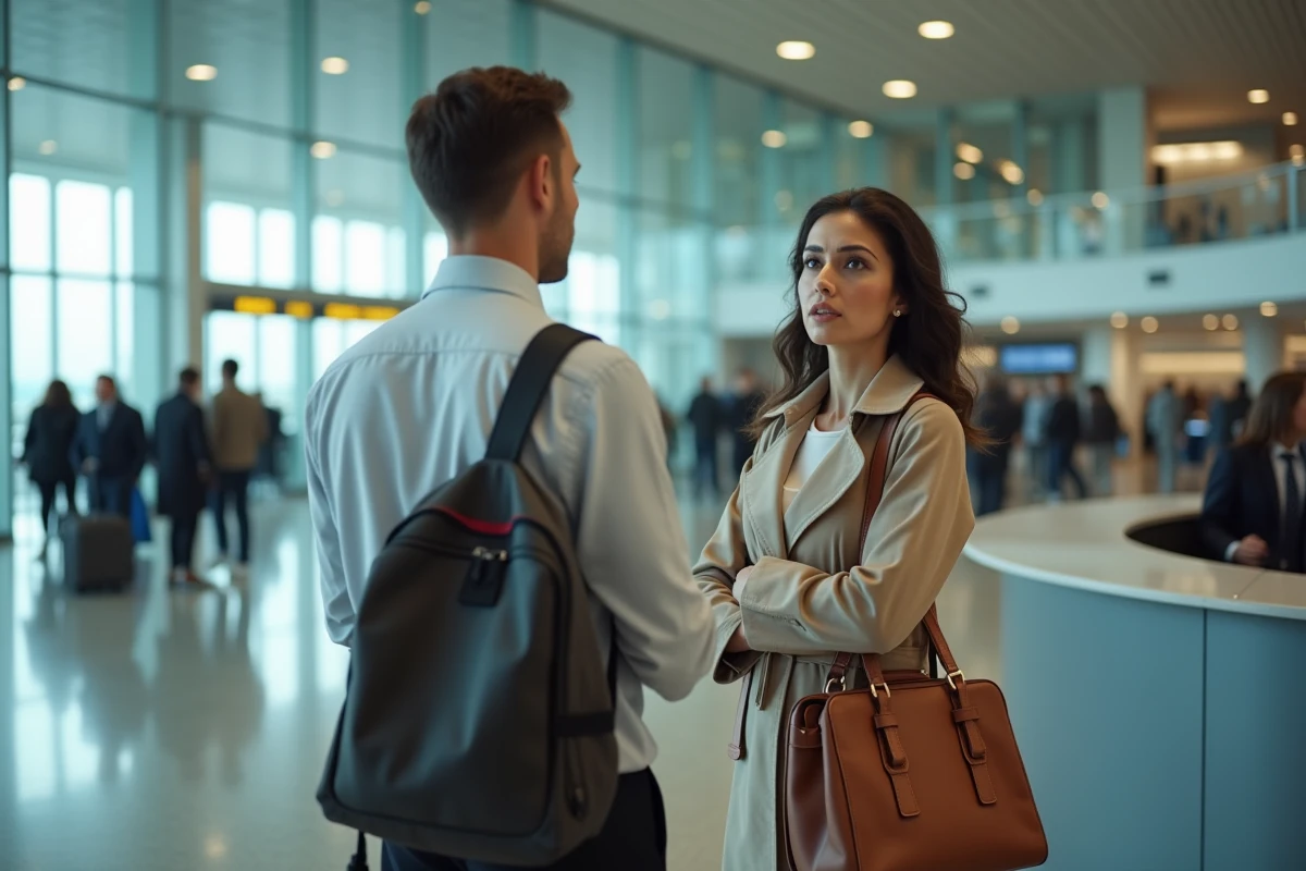 Femme inquiète au comptoir d'enregistrement d'un aéroport sans carte d'identité