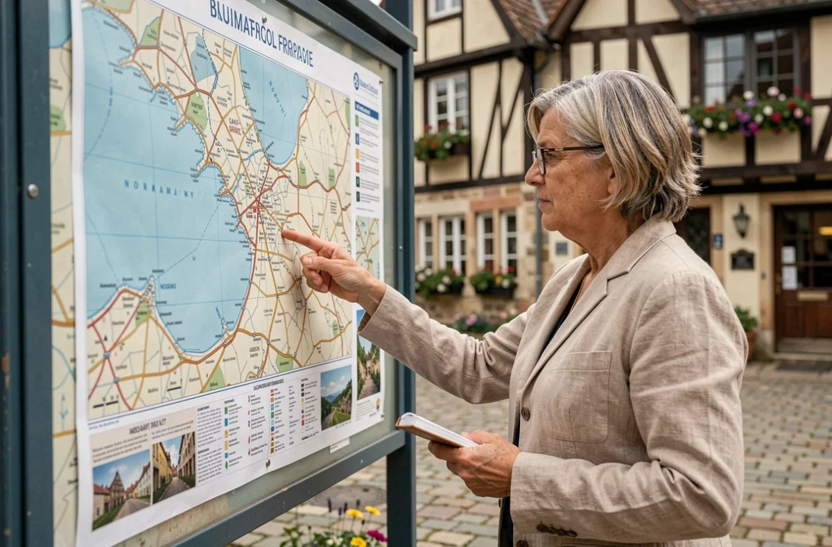 Femme consultant une carte touristique et administrative de Normandie affichée sur un panneau d'information dans un village normand