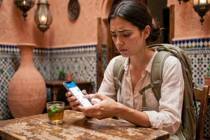 Femme consultant son forfait mobile sur smartphone dans une médina marocaine avant un voyage au Maroc en 2026