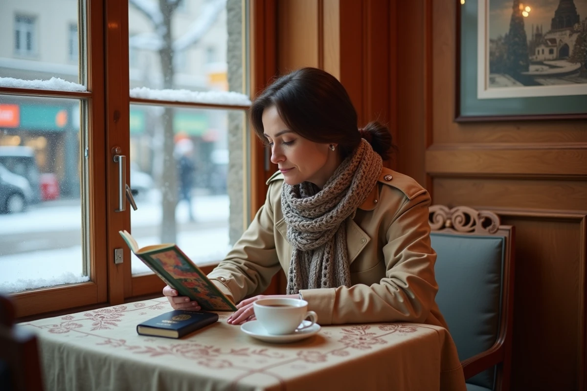 Femme française consultant un guide de voyage russe dans un café traditionnel en bois avec neige visible dehors