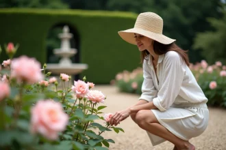 Femme se promenant dans un jardin fleuri à la française, touchant une rose rose épanouie parmi des haies de buis taillées